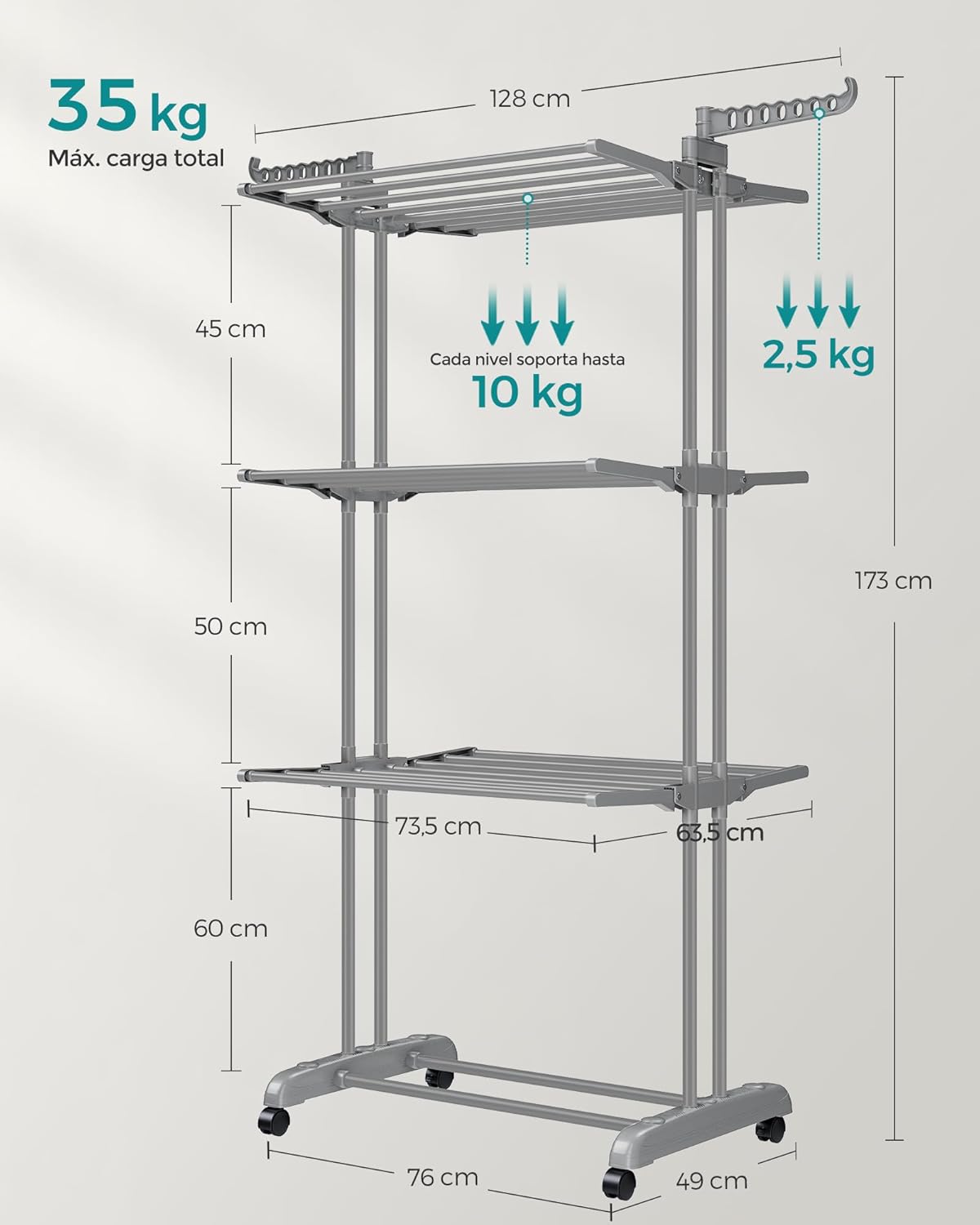 Tendedero Plegable, 4 Niveles, 128x63,5x173 cm, Tendedero Vertical, con Ruedas, Alas Plegables, Tendedero Portatil, Gris, Songmics, 7