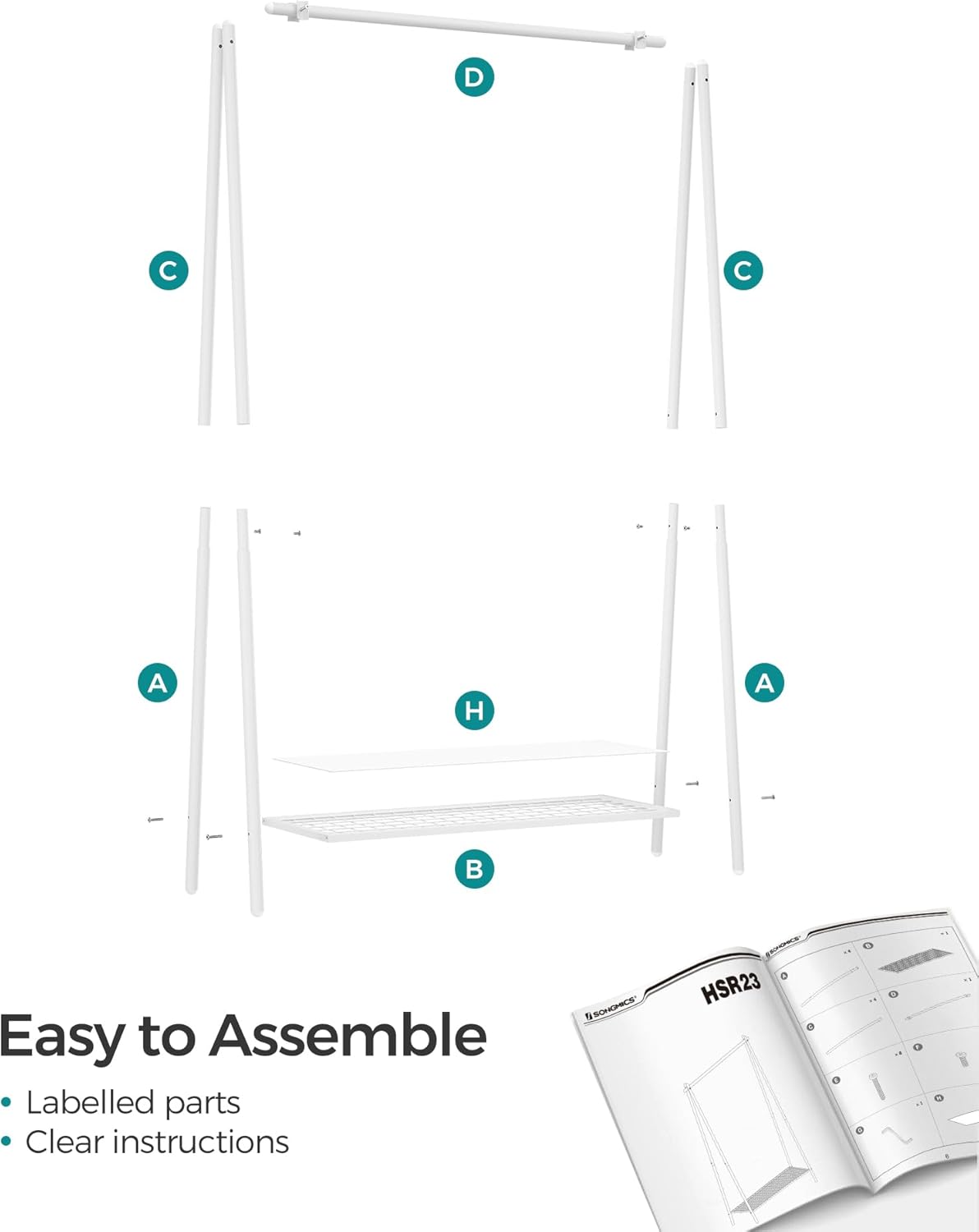 Burros para Ropa, 92,5x33,5x153 cm, Perchero Burro, Estructura de Acero, con Barra Colgante y Estante, Blanco, Songmics, 7