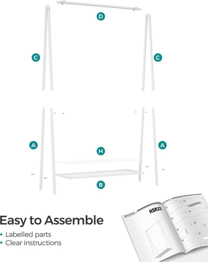 Burros para Ropa, 92,5x33,5x153 cm, Perchero Burro, Estructura de Acero, con Barra Colgante y Estante, Blanco, Songmics, 7