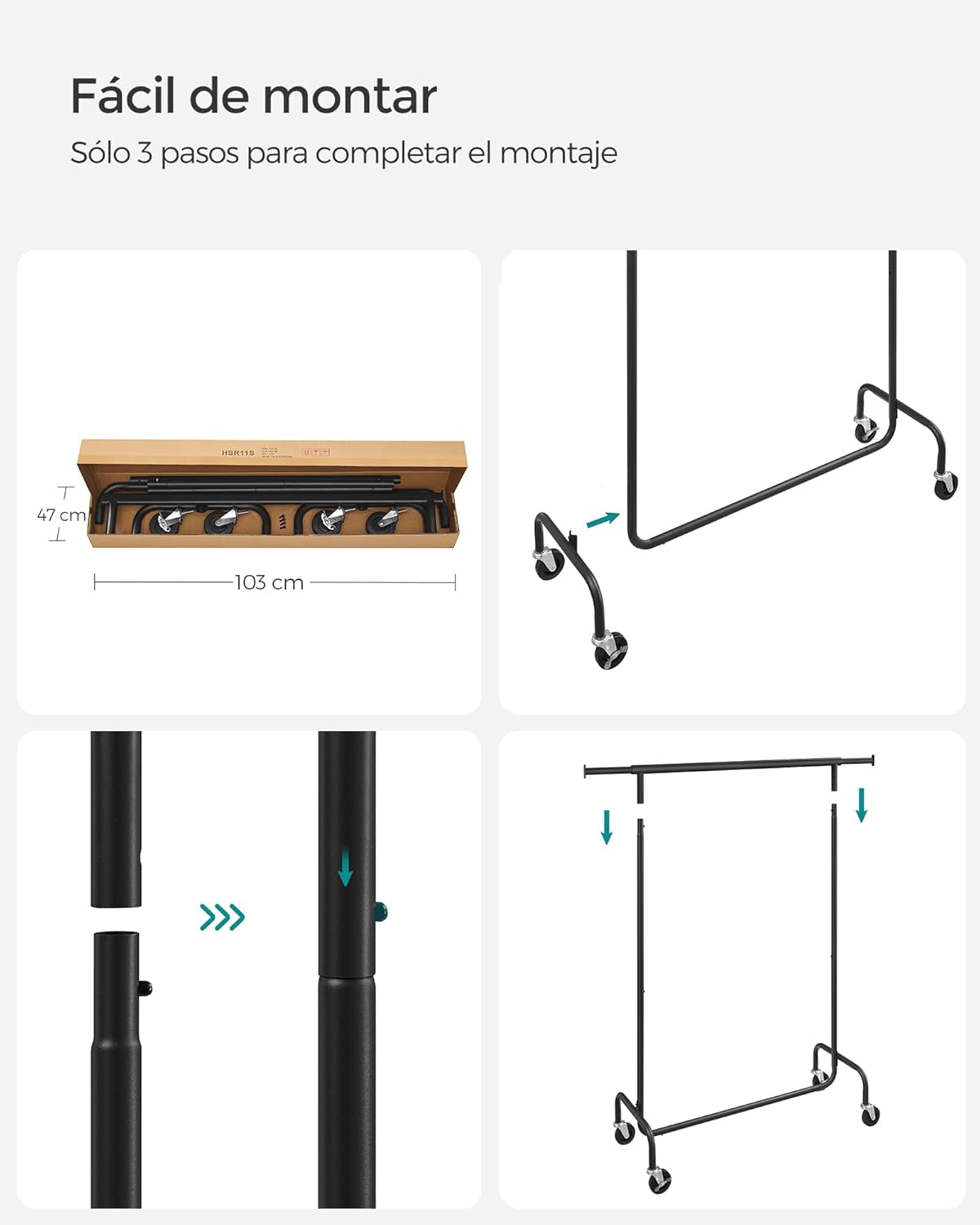 Burros para Ropa, con Ruedas, Carga de 130 kg, Burros para Ropa Resistentes, 110-150x45x162,9 cm, Negro, Songmics, 8