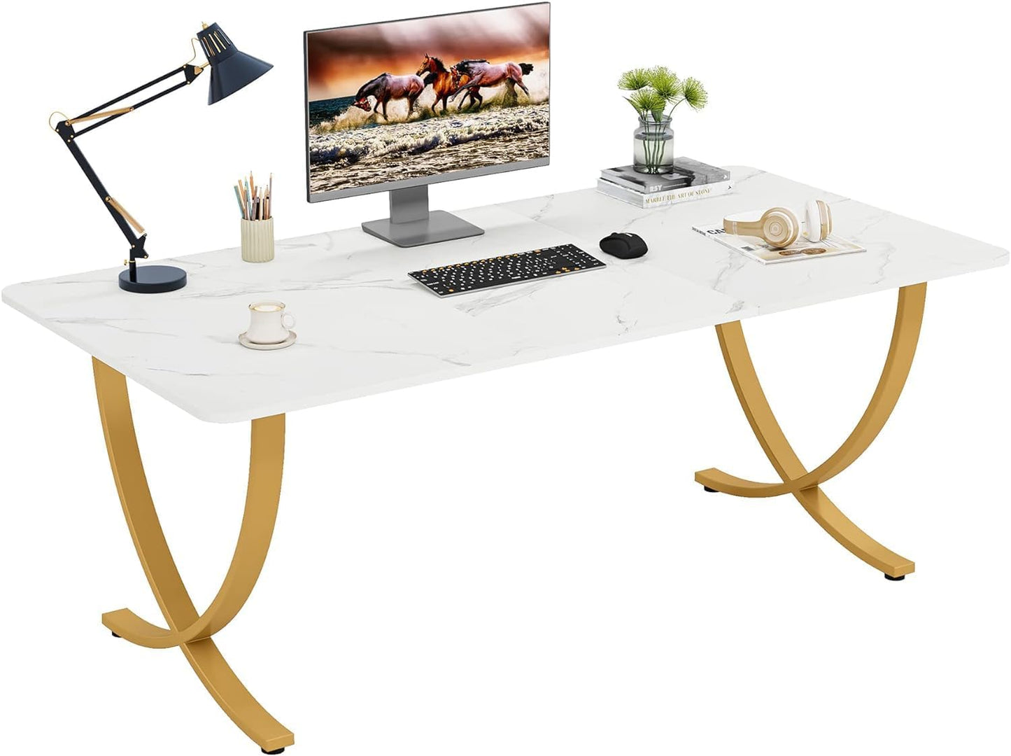 Escritorio, 160x80x75cm, Mesa Ordenador, Mesa Oficina, Blanco y dorado, Tribesigns, 7