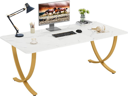 Escritorio, 160x80x75cm, Mesa Ordenador, Mesa Oficina, Blanco y dorado, Tribesigns, 7