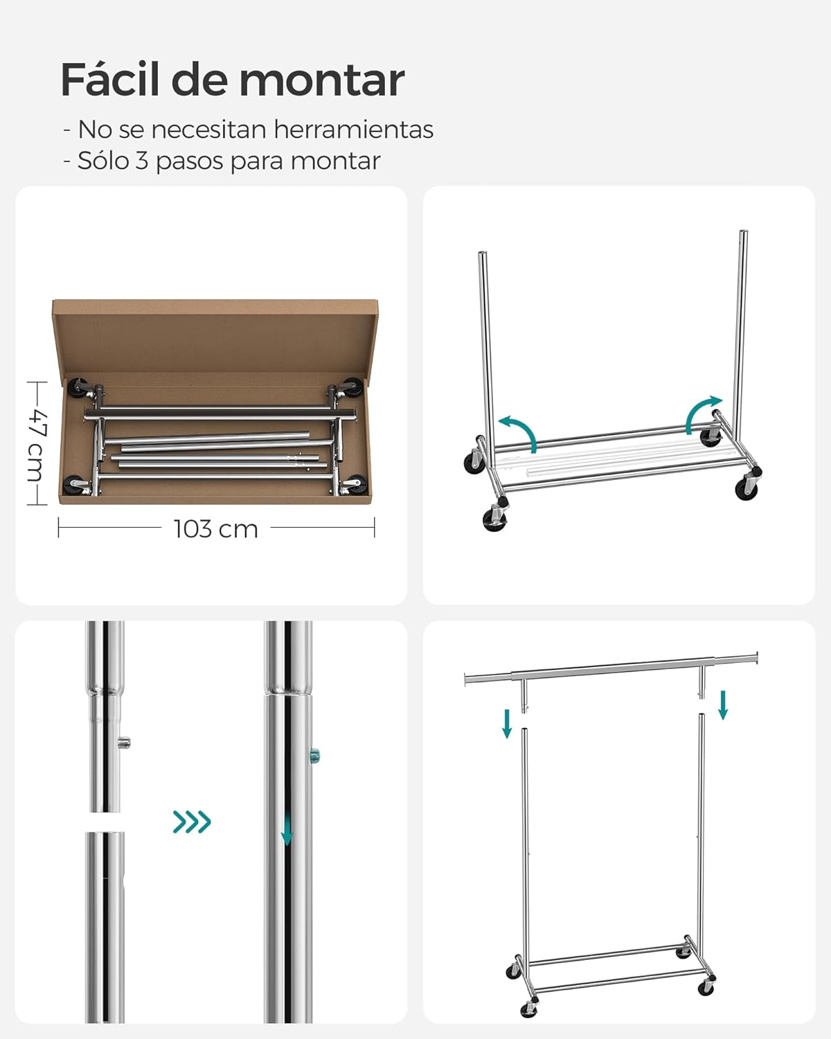 Songmics Perchero Industrial con Ruedas, Ajustable, Capacidad de Carga de 90 kg