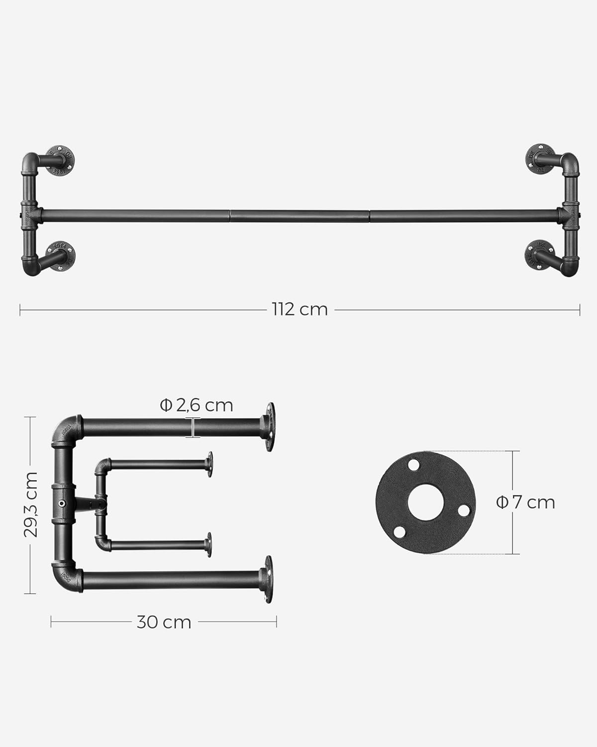 Perchero Pared, Juego de 2, Colgadores de Pared, 112 x 30 x 29,3 cm, Industrial, Carga hasta 60 kg, Negro, Songmics, 4