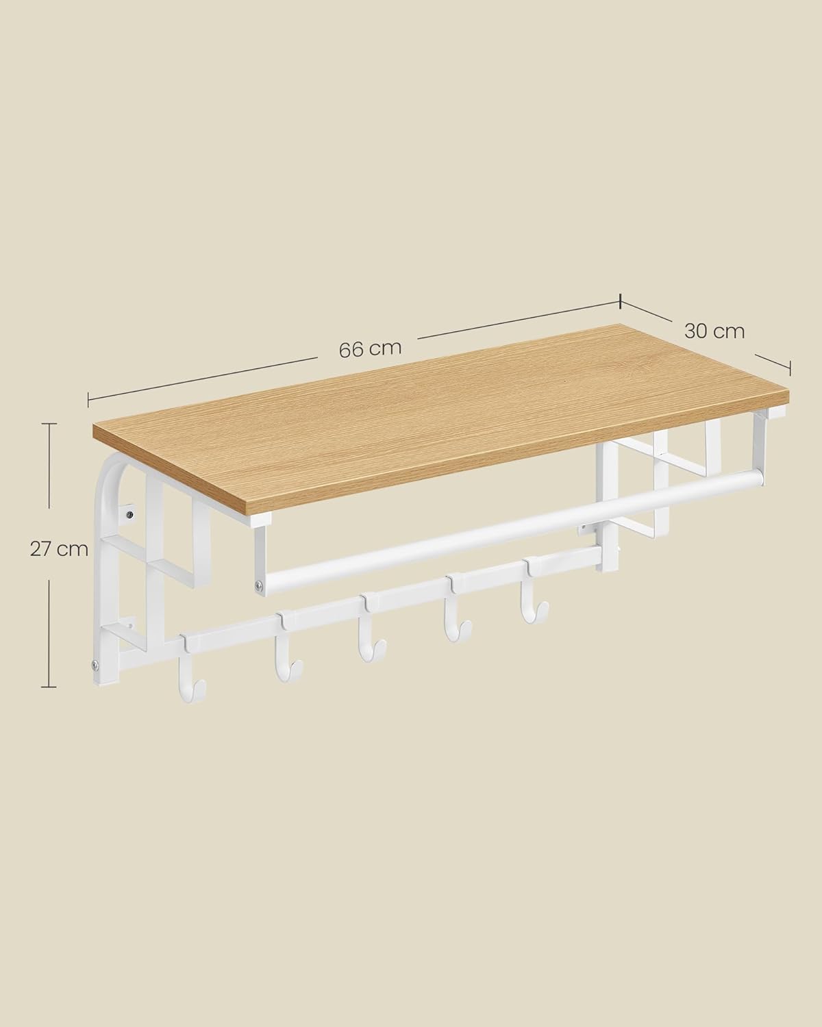 Perchero Pared, 66 x 30 x 27 cm, Perchero con Estante, con 5 Ganchos Extraíbles, Barra de Colgar, Roble y Blanco, Vasagle, 7