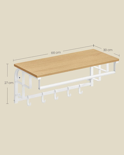 Perchero Pared, 66 x 30 x 27 cm, Perchero con Estante, con 5 Ganchos Extraíbles, Barra de Colgar, Roble y Blanco, Vasagle, 7