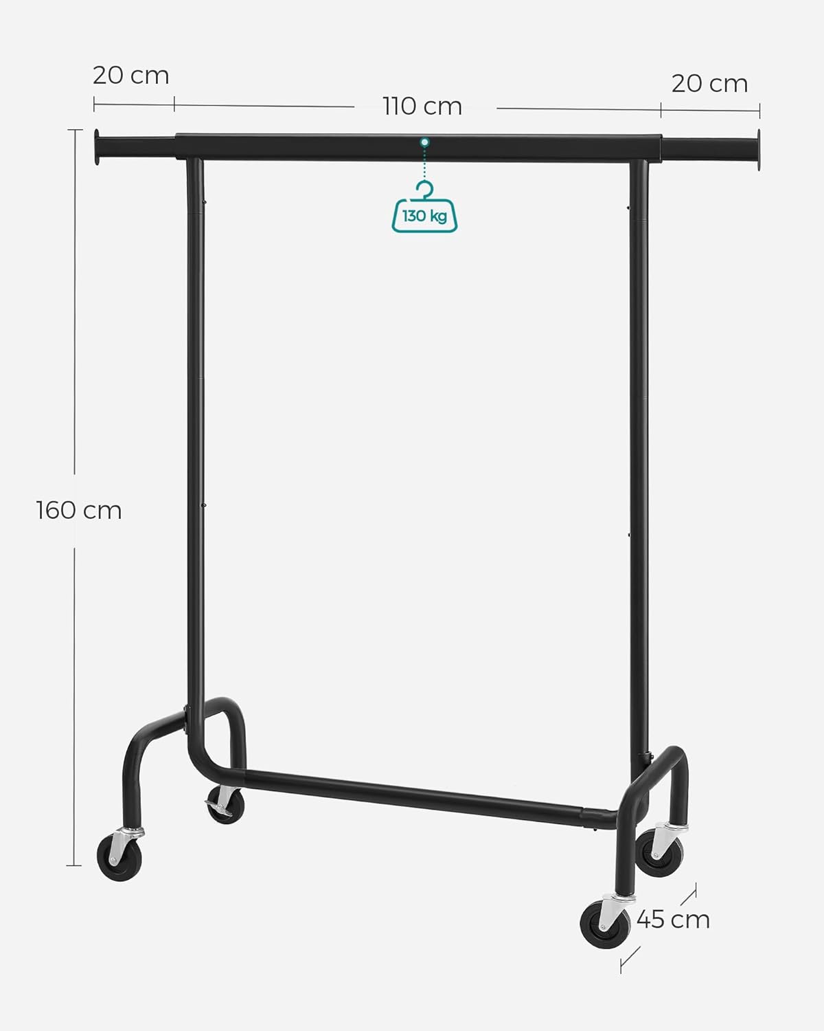 Burros para Ropa, con Ruedas, Carga de 130 kg, Burros para Ropa Resistentes, 110-150x45x162,9 cm, Negro, Songmics, 7