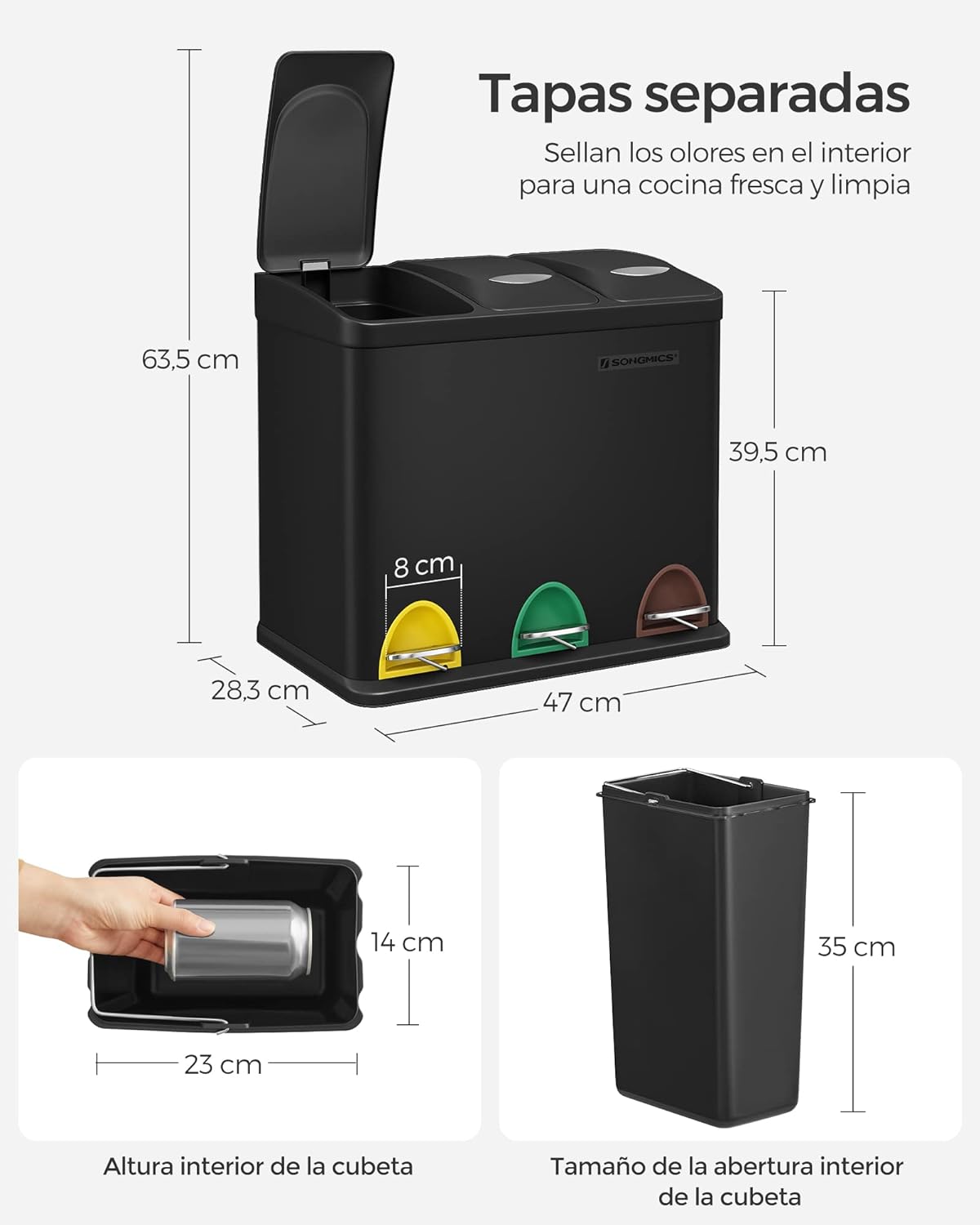 Songmics Cubo de Basura de Cocina 3 en 1 (24 Litros)