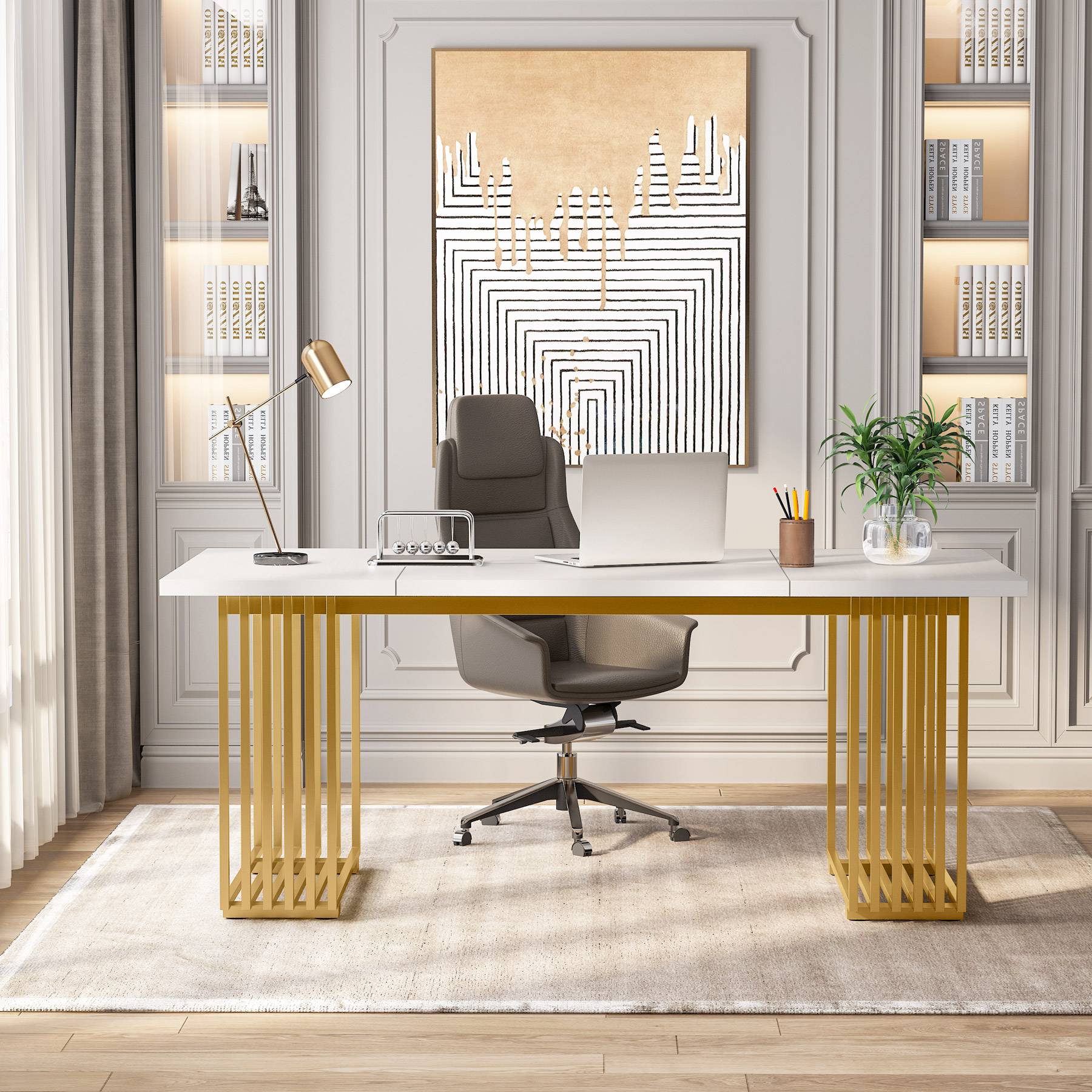 Escritorio, 180x79x78cm, Mesa Ordenador, con patas doradas, Mesa Oficina, Blanco y dorado, Tribesigns, 2