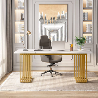 Escritorio, 180x79x78cm, Mesa Ordenador, con patas doradas, Mesa Oficina, Blanco y dorado, Tribesigns, 2