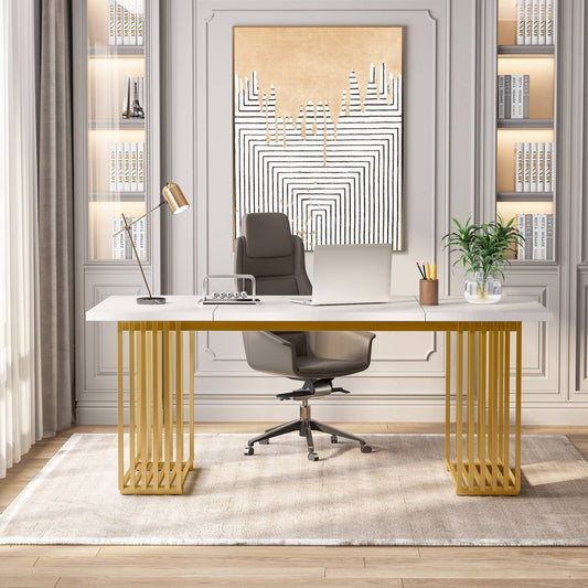 Escritorio, 180x79x78cm, Mesa Ordenador, con patas doradas, Mesa Oficina, Blanco y dorado, Tribesigns, 2