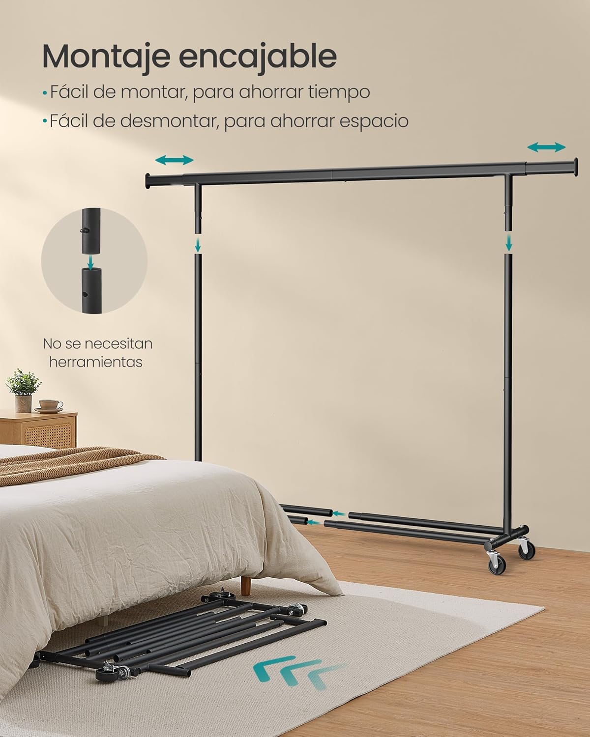Burros para Ropa Resistentes, 160-200x45x161,5 cm, Extensible con Carga 150 kg, Perchero con Ruedas, Portátil, Negro, Songmics, 6