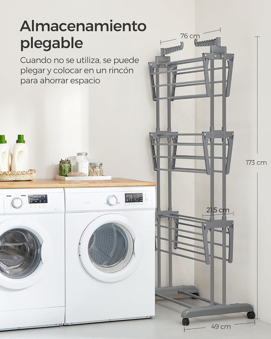 Tendedero Plegable, 4 Niveles, 128x63,5x173 cm, Tendedero Vertical, con Ruedas, Alas Plegables, Tendedero Portatil, Gris, Songmics, 6