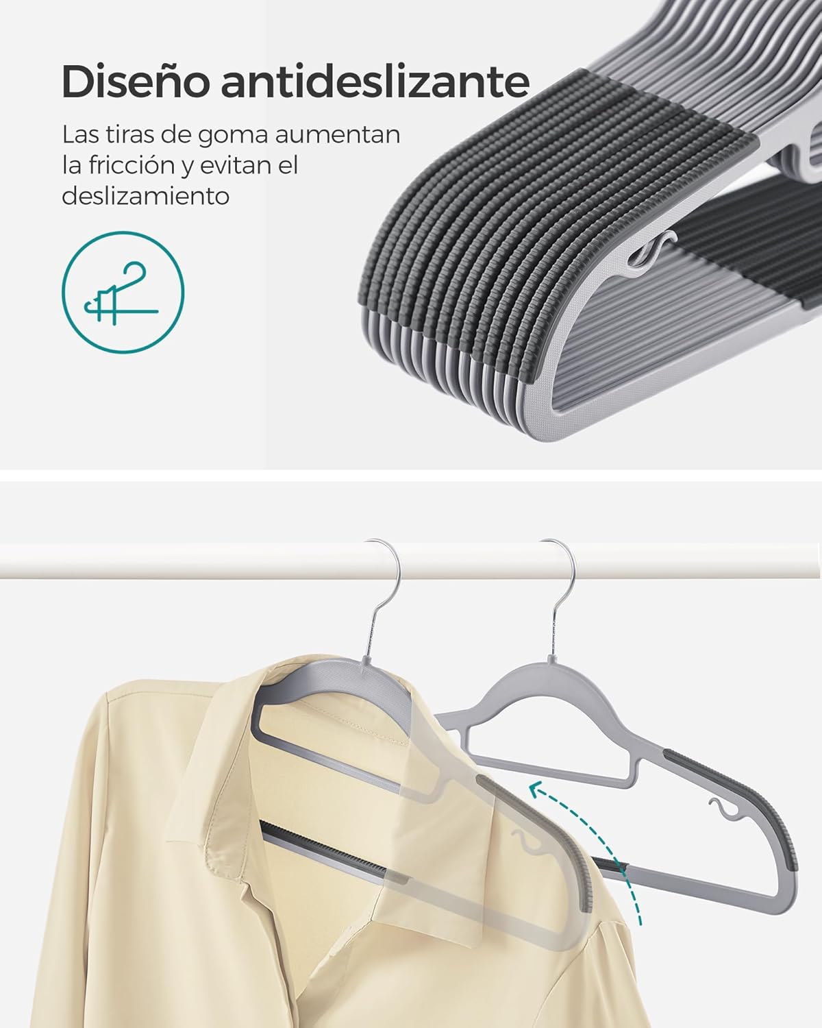 Percha, Juego de 30, Percha para Pantalones, Antideslizantes, 42 cm, Perchas de Plástico, Gris, Songmics, 3