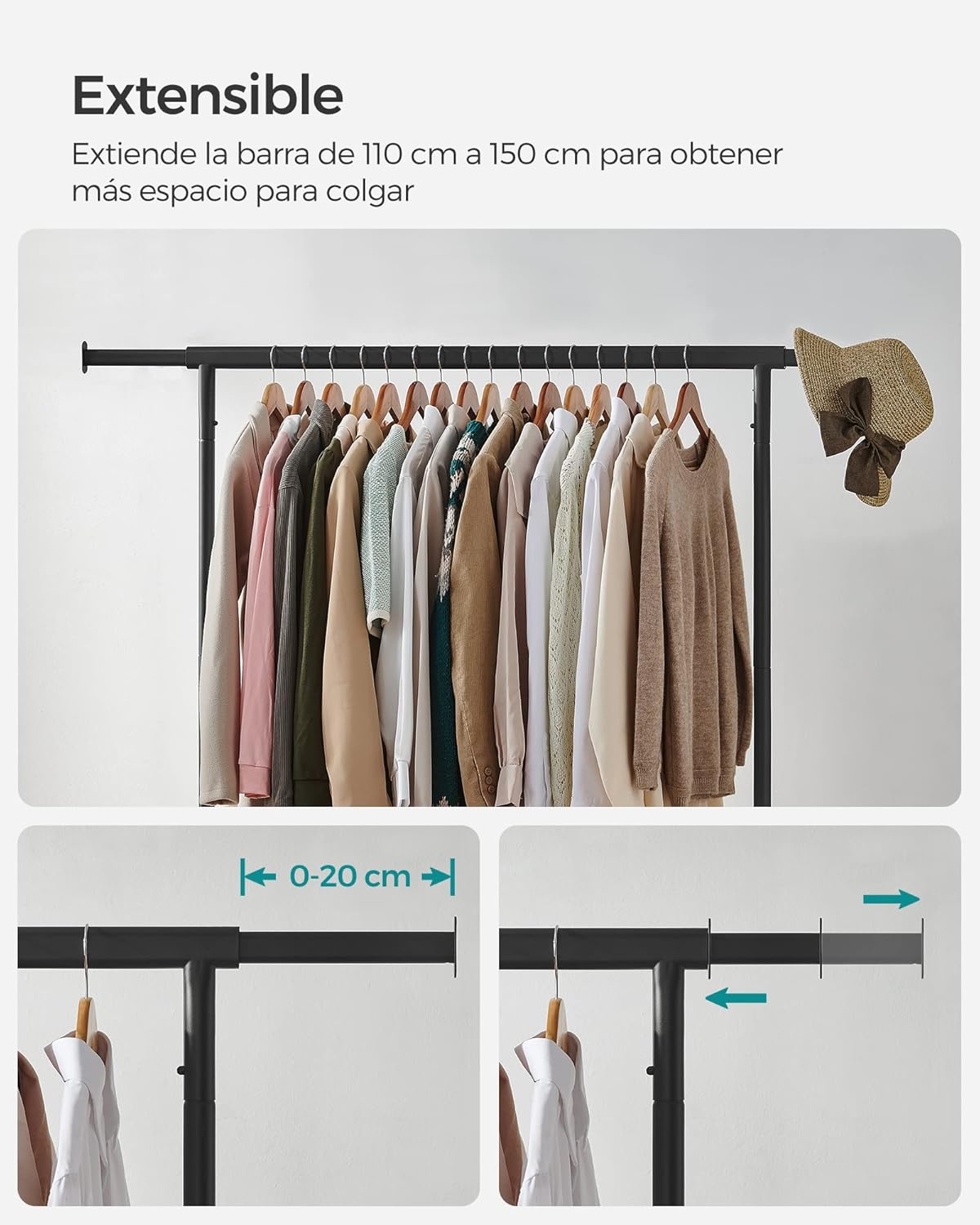 Burros para Ropa, con Ruedas, Carga de 130 kg, Burros para Ropa Resistentes, 110-150x45x162,9 cm, Negro, Songmics, 6