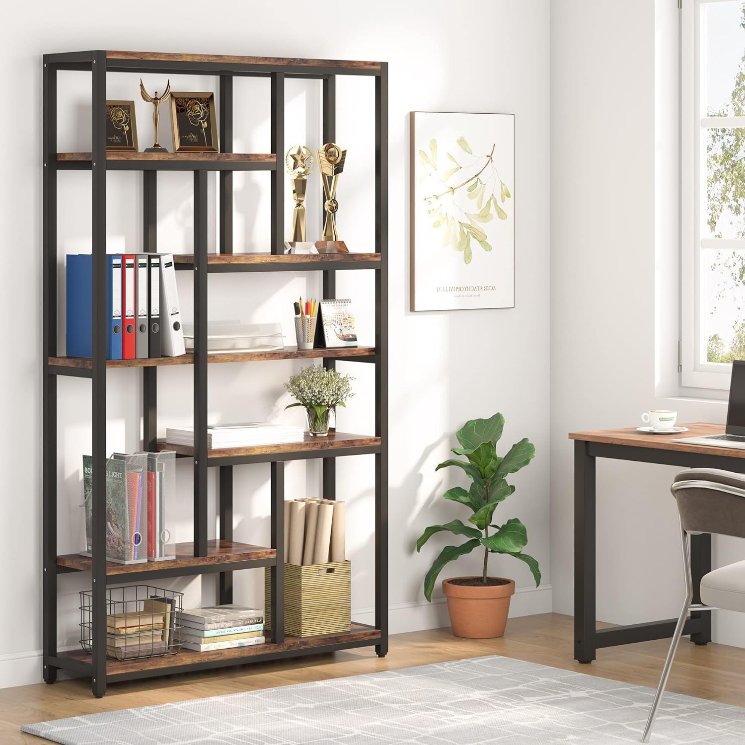 Libreria, con 7 niveles, estanteria libros, 100x30x200cm, Estanteria Estrecha, Marrón, Tribesigns, 3