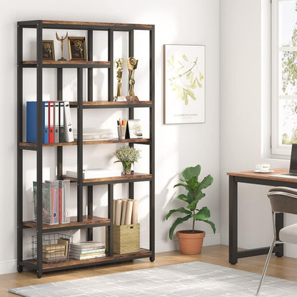 Libreria, con 7 niveles, estanteria libros, 100x30x200cm, Estanteria Estrecha, Marrón, Tribesigns, 3