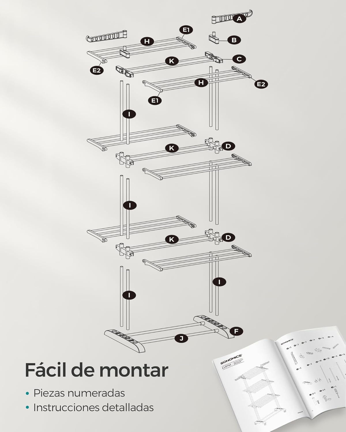 Tendedero Plegable, 4 Niveles, 128x63,5x173 cm, Tendedero Vertical, con Ruedas, Alas Plegables, Tendedero Portatil, Gris, Songmics, 8