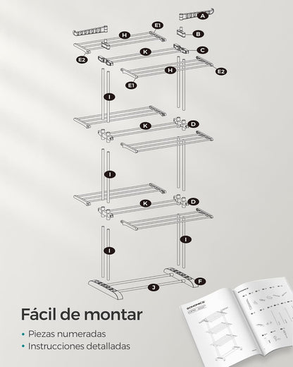 Tendedero Plegable, 4 Niveles, 128x63,5x173 cm, Tendedero Vertical, con Ruedas, Alas Plegables, Tendedero Portatil, Gris, Songmics, 8