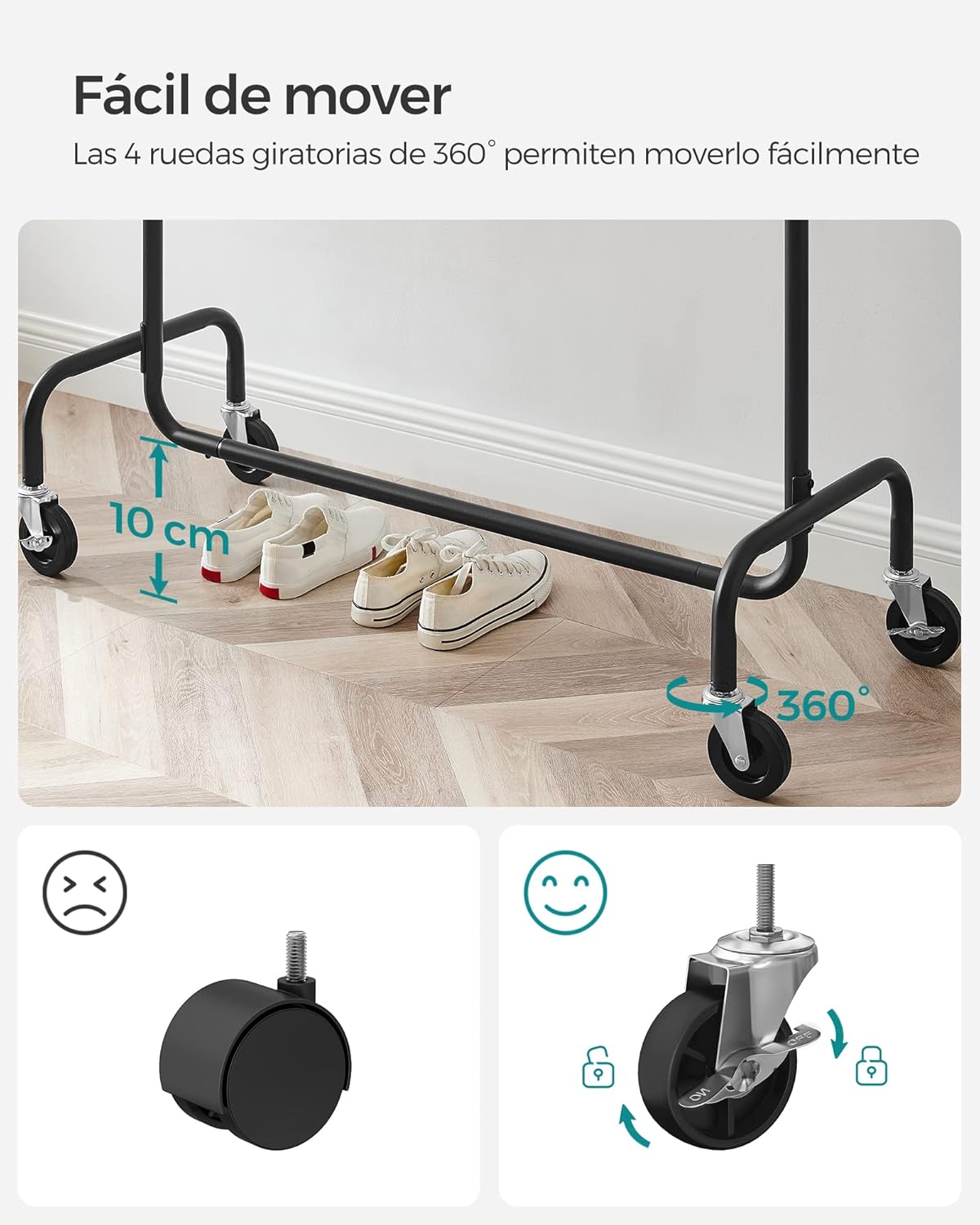 Burros para Ropa, con Ruedas, Carga de 130 kg, Burros para Ropa Resistentes, 110-150x45x162,9 cm, Negro, Songmics, 5
