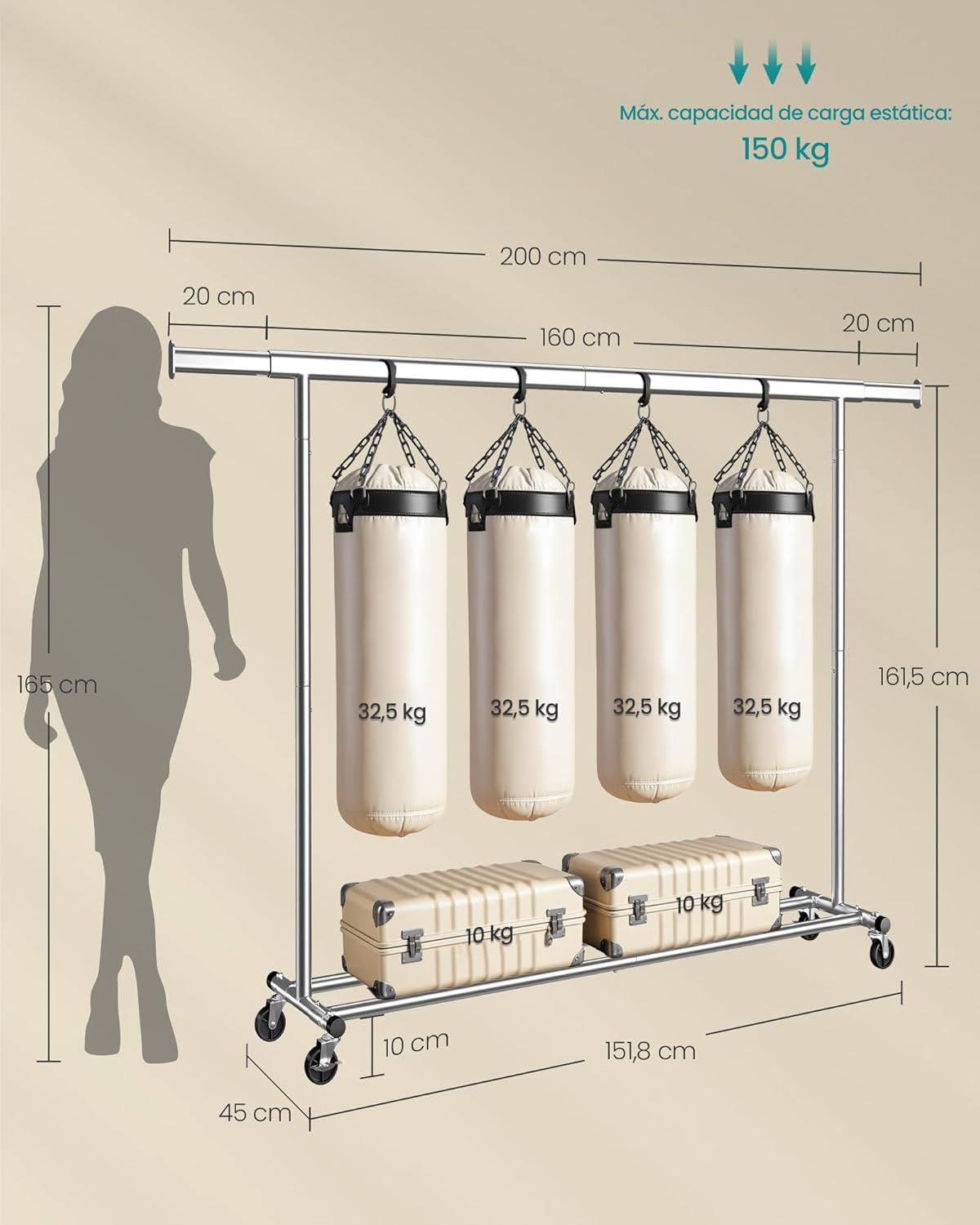 Burros para Ropa Resistentes, 160-200x45x161,5 cm, Extensible con Carga 150 kg, Perchero con Ruedas, Plata, Songmics, 8