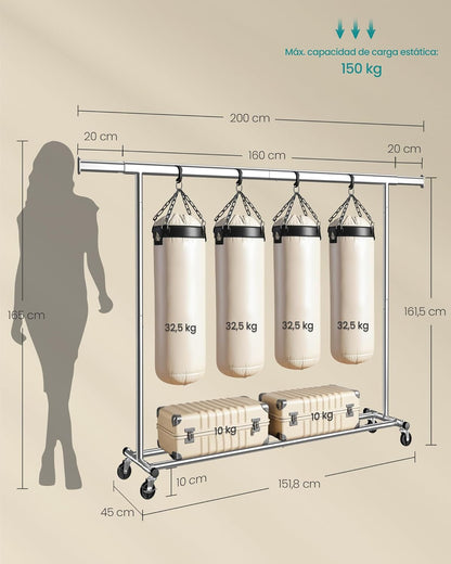 Burros para Ropa Resistentes, 160-200x45x161,5 cm, Extensible con Carga 150 kg, Perchero con Ruedas, Plata, Songmics, 8