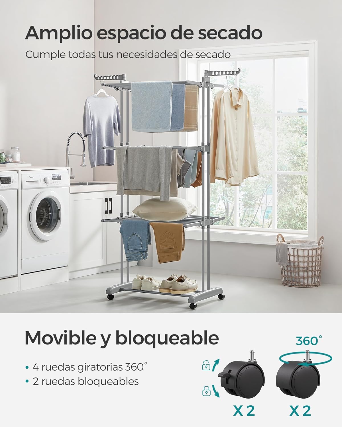 Tendedero Plegable, 4 Niveles, 128x63,5x173 cm, Tendedero Vertical, con Ruedas, Alas Plegables, Tendedero Portatil, Gris, Songmics, 3