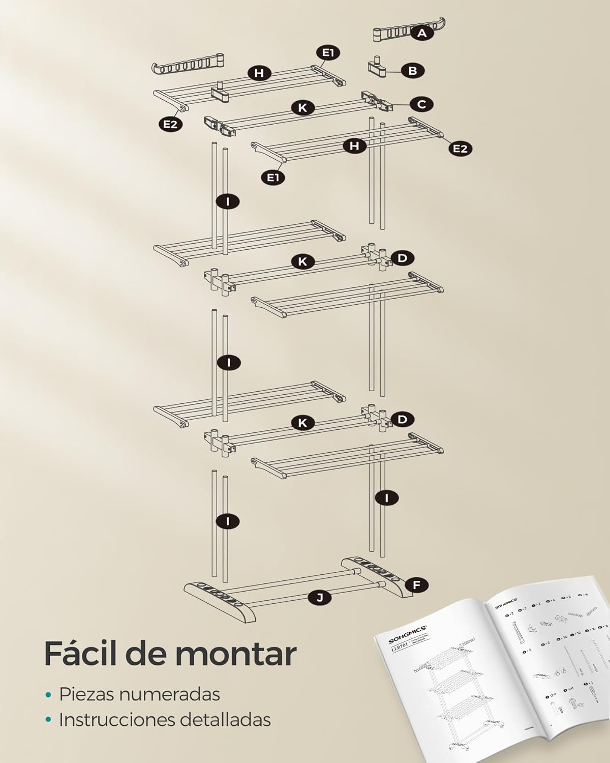 Tendedero Plegable, 4 Niveles, 128x63,5x173 cm, Tendedero Vertical, con Ruedas, Alas Plegables, Tendedero Portatil, Blanco, Songmics, 8
