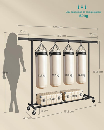 Burros para Ropa Resistentes, 160-200x45x161,5 cm, Extensible con Carga 150 kg, Perchero con Ruedas, Portátil, Negro, Songmics, 8
