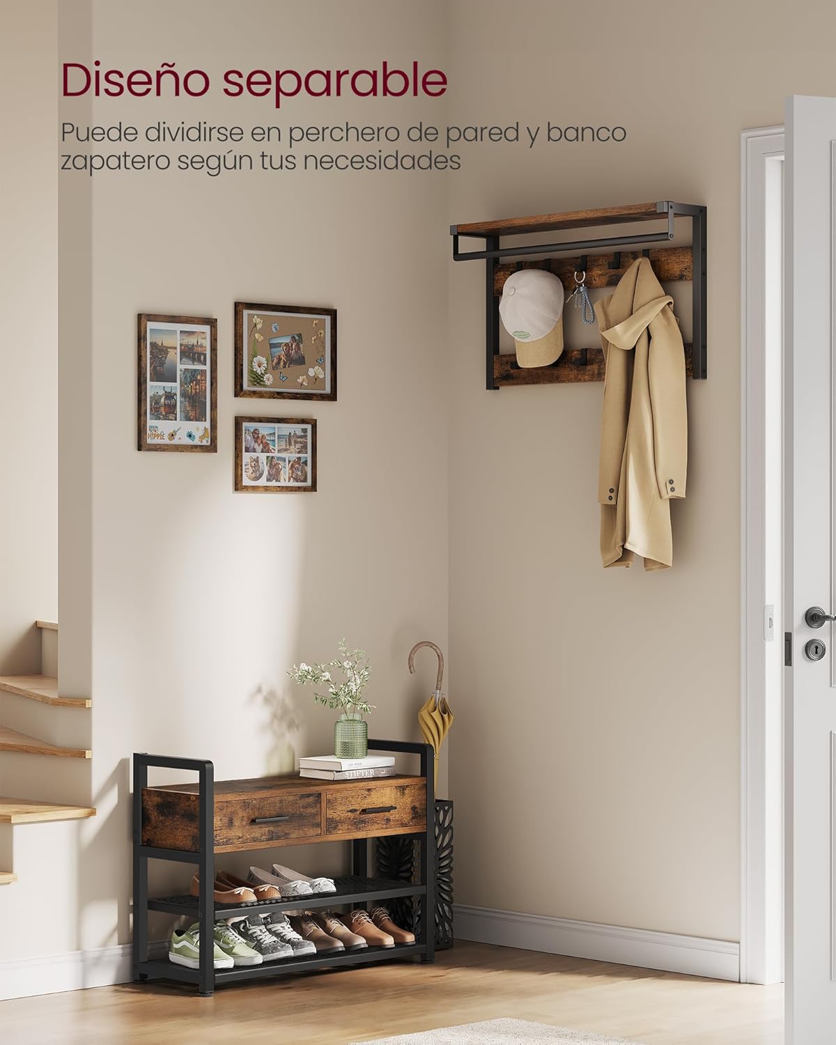 Perchero Recibidor, 80,4 x 30 x 181,6 cm, Perchero Entrada, 10 Ganchos Extraíbles, 2 Cajones, Banco Zapatero, Marrón Negro, Vasagle, 5