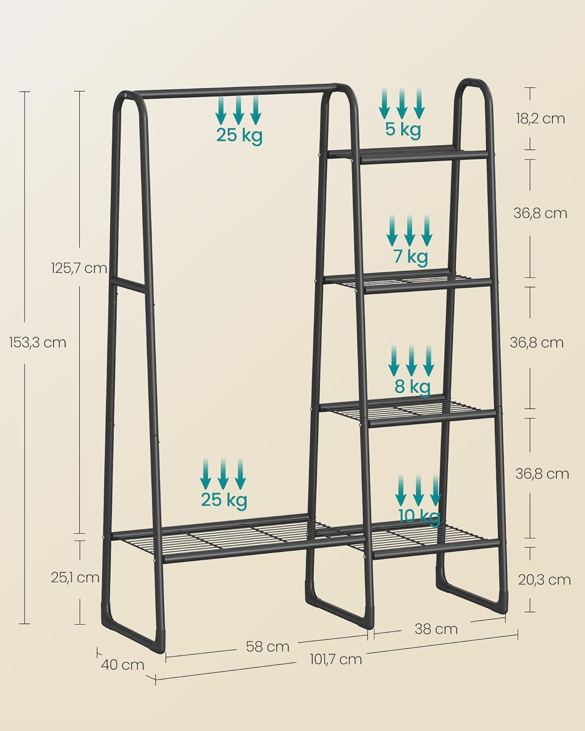 Perchero Burro, 101,7 x 40 x 153,3 cm, Burros para Ropa, 5 Estantes, Estructura de Metal, Negro, Songmics, 6