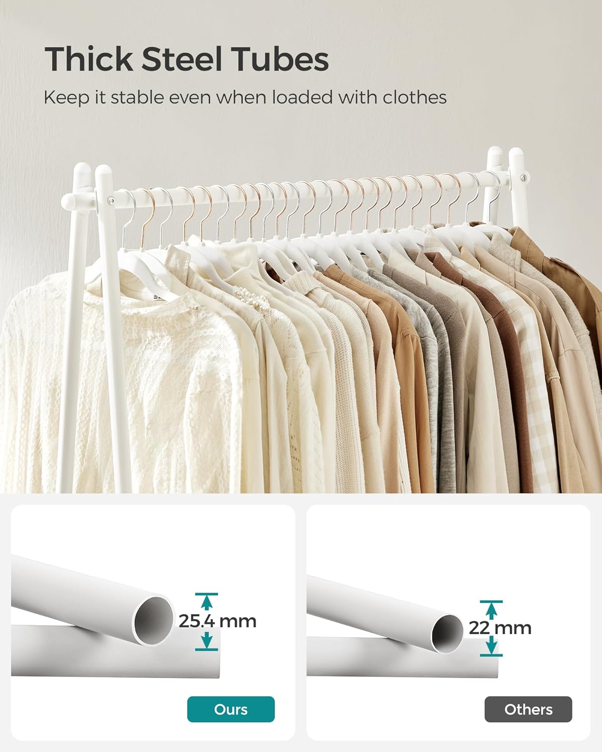 Burros para Ropa, 92,5x33,5x153 cm, Perchero Burro, Estructura de Acero, con Barra Colgante y Estante, Blanco, Songmics, 5