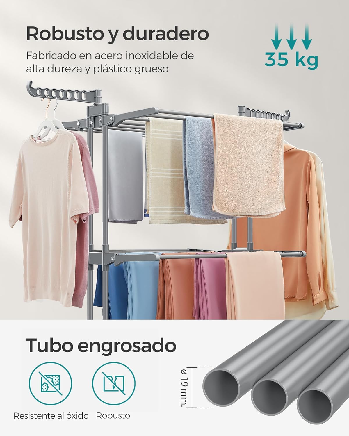 Tendedero Plegable, 4 Niveles, 128x63,5x173 cm, Tendedero Vertical, con Ruedas, Alas Plegables, Tendedero Portatil, Gris, Songmics, 4