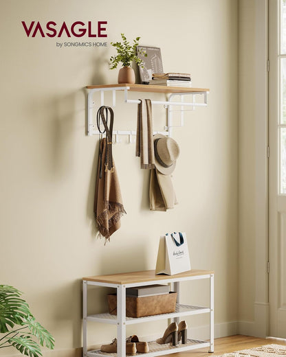 Perchero Pared, 66 x 30 x 27 cm, Perchero con Estante, con 5 Ganchos Extraíbles, Barra de Colgar, Roble y Blanco, Vasagle, 4
