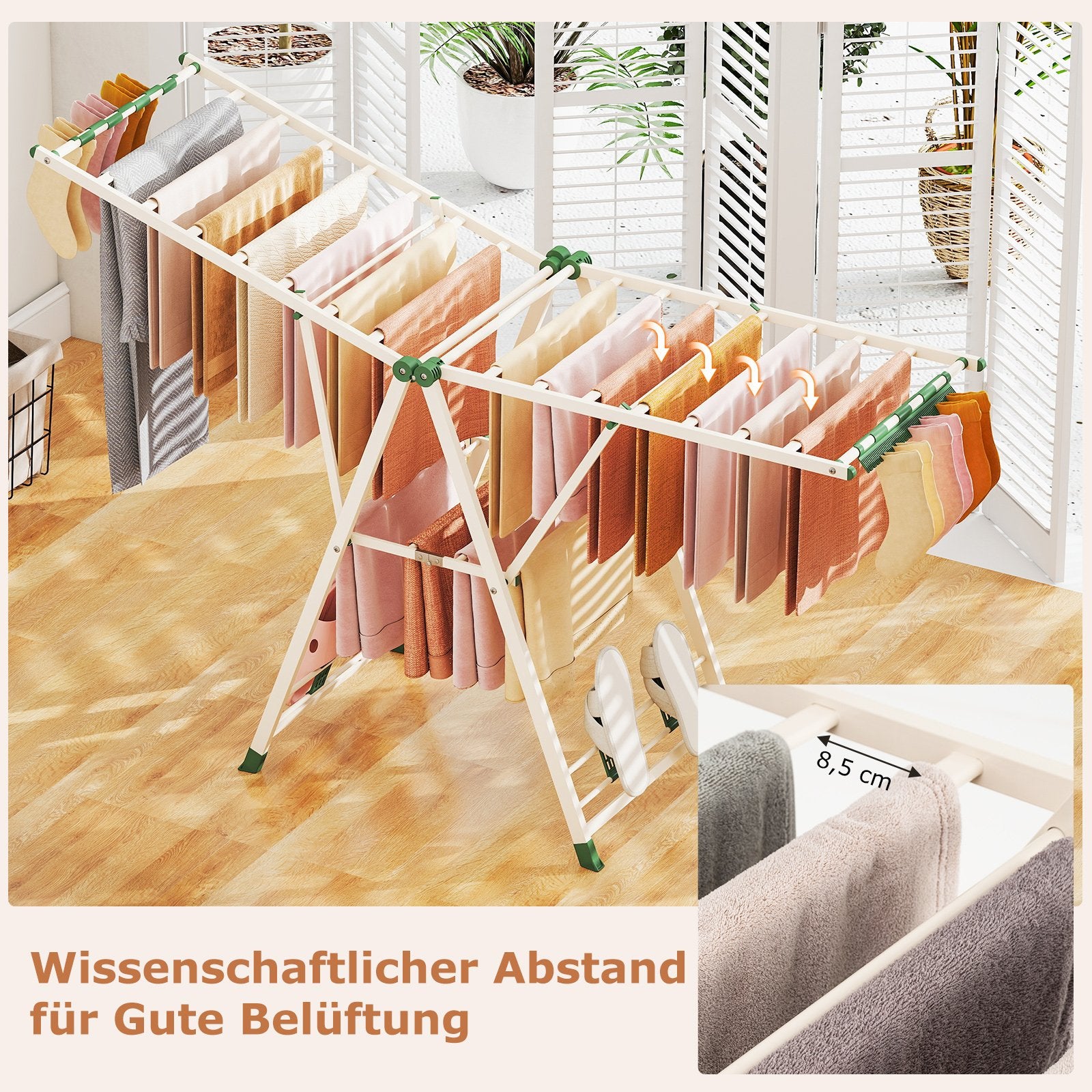 Tendedero plegable, con Alas Ajustables, Tendedero de ropa, 184 x 56 x 99–168 cm, Beige, Costway, 6