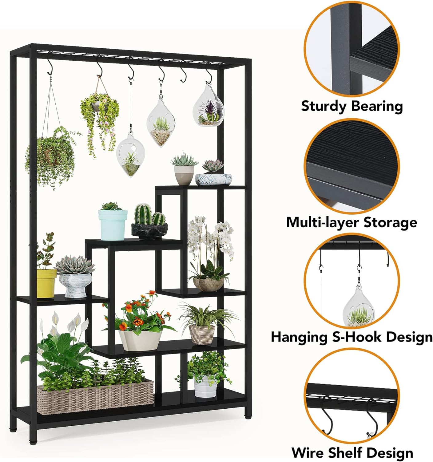 Estanteria Plantas, Soporte para Plantas, de 5 niveles, Grande, Soporte Macetas, con ganchos, Negro, Tribesigns, 6