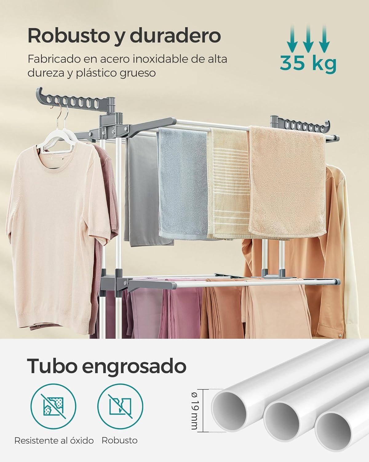 Tendedero Plegable, 4 Niveles, 128x63,5x173 cm, Tendedero Vertical, con Ruedas, Alas Plegables, Tendedero Portatil, Blanco, Songmics, 4