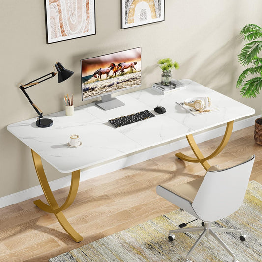 Escritorio, 160x80x75cm, Mesa Ordenador, Mesa Oficina, Blanco y dorado, Tribesigns, 2