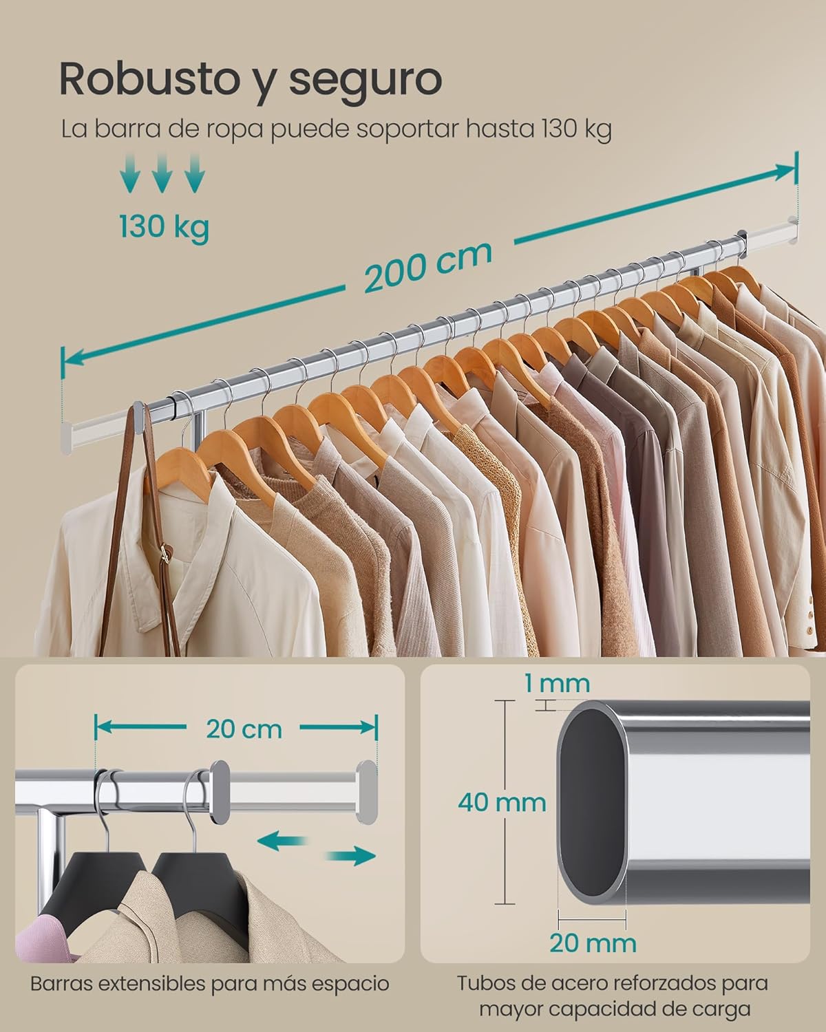 Burros para Ropa Resistentes, 160-200x45x161,5 cm, Extensible con Carga 150 kg, Perchero con Ruedas, Plata, Songmics, 4