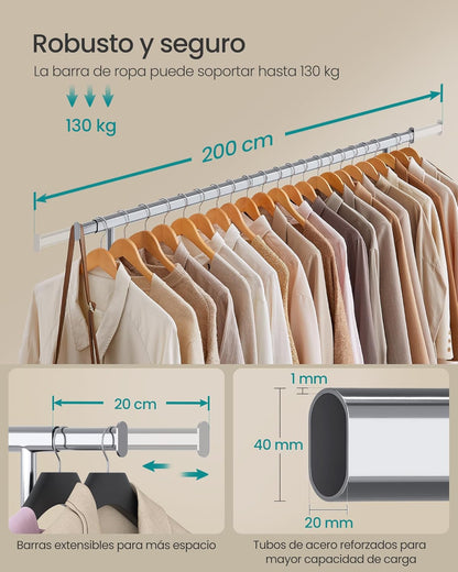 Burros para Ropa Resistentes, 160-200x45x161,5 cm, Extensible con Carga 150 kg, Perchero con Ruedas, Plata, Songmics, 4