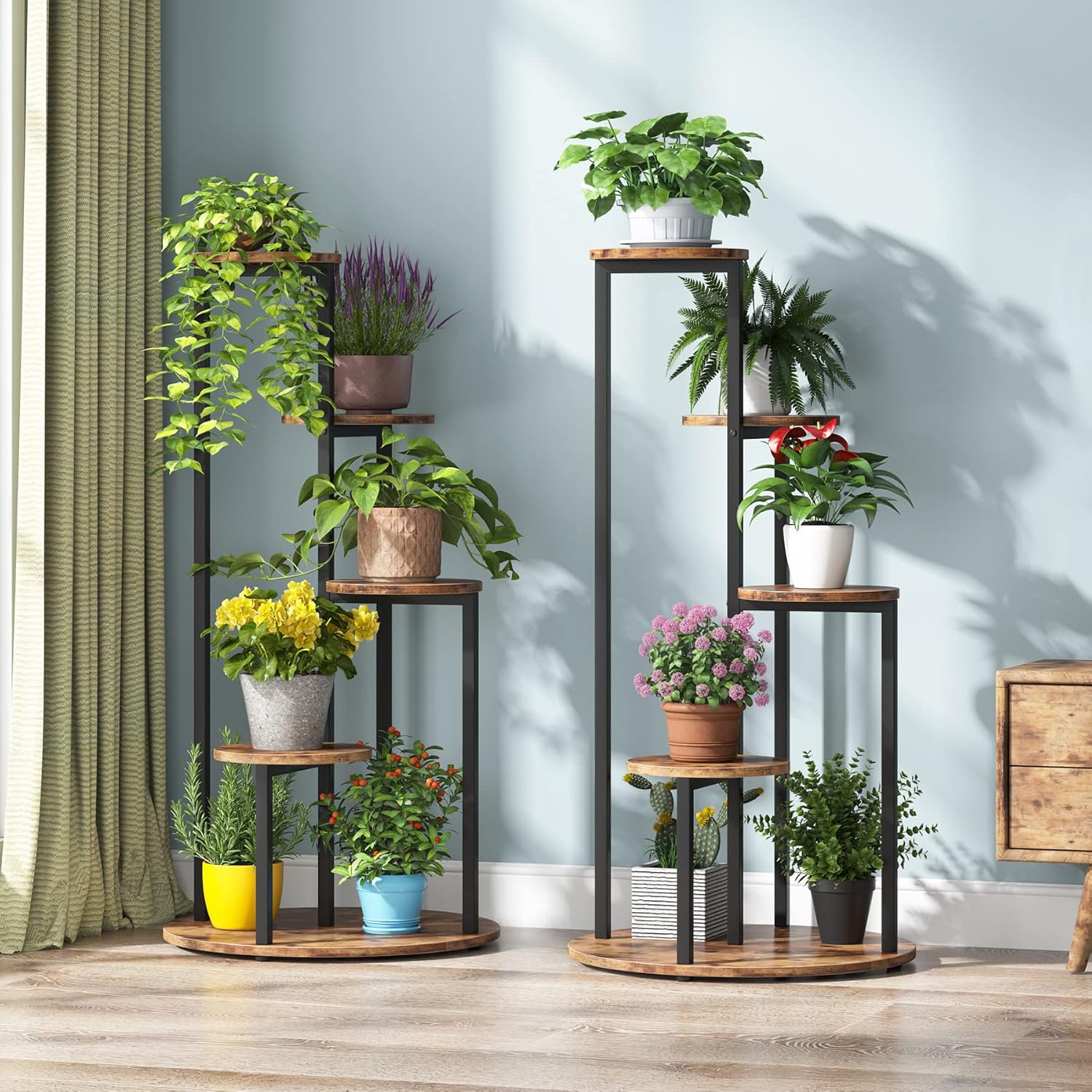 Soporte para Plantas, 5 niveles, Estanteria para plantas, 50x50x104cm, Soporte Macetas, Marrón Negro, Tribesigns, 7