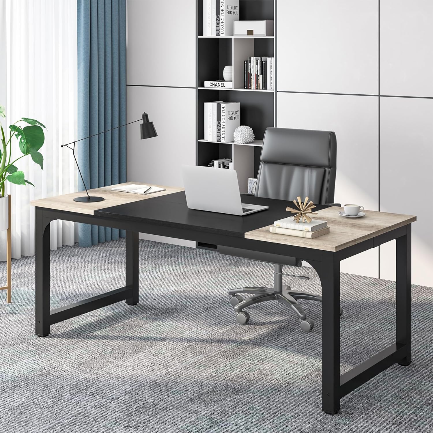 Escritorio, 180x80x75cm, mesa ordenador, Mesa Oficina, Mesa de reuniones oficina, Gris negro, Tribesigns, 2