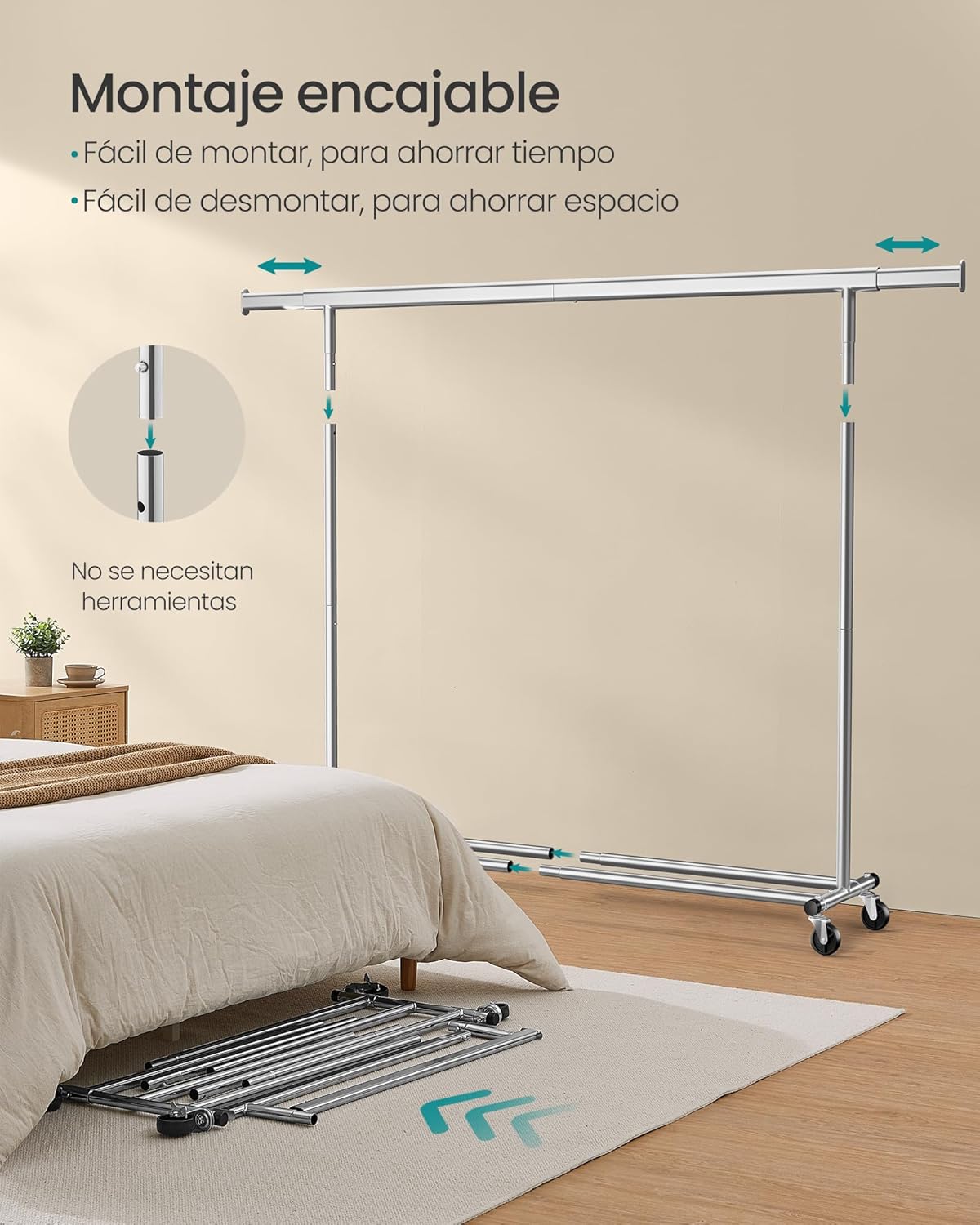 Burros para Ropa Resistentes, 160-200x45x161,5 cm, Extensible con Carga 150 kg, Perchero con Ruedas, Plata, Songmics, 6