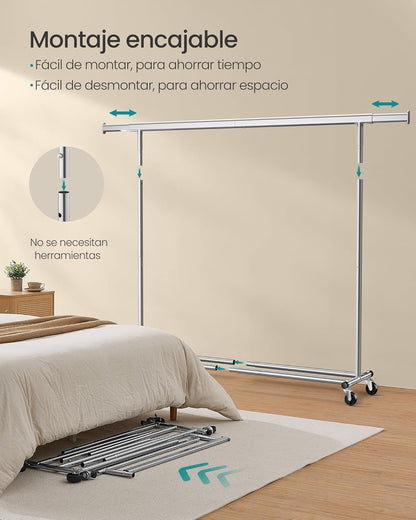 Burros para Ropa Resistentes, 160-200x45x161,5 cm, Extensible con Carga 150 kg, Perchero con Ruedas, Plata, Songmics, 6