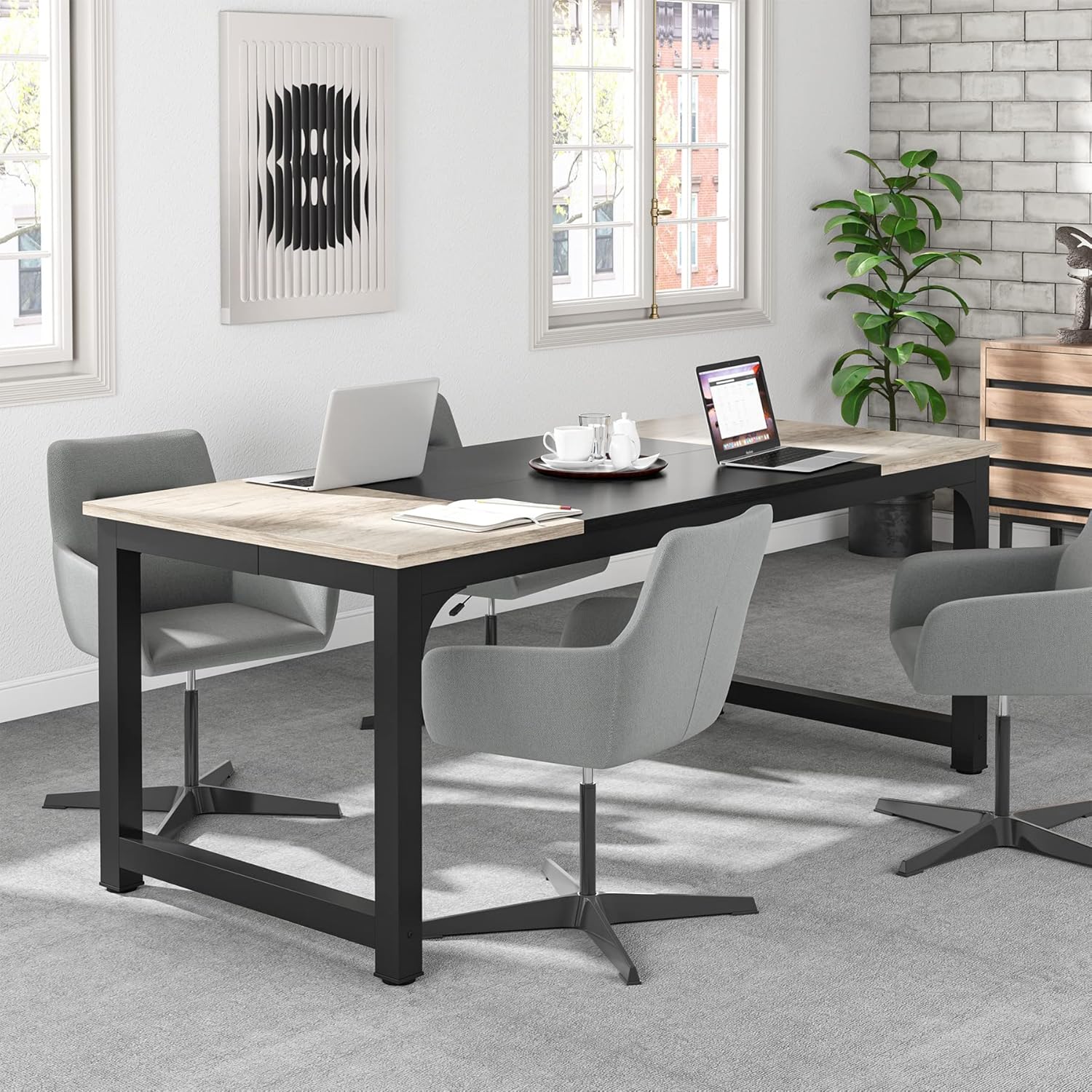 Escritorio, 180x80x75cm, mesa ordenador, Mesa Oficina, Mesa de reuniones oficina, Gris negro, Tribesigns, 3