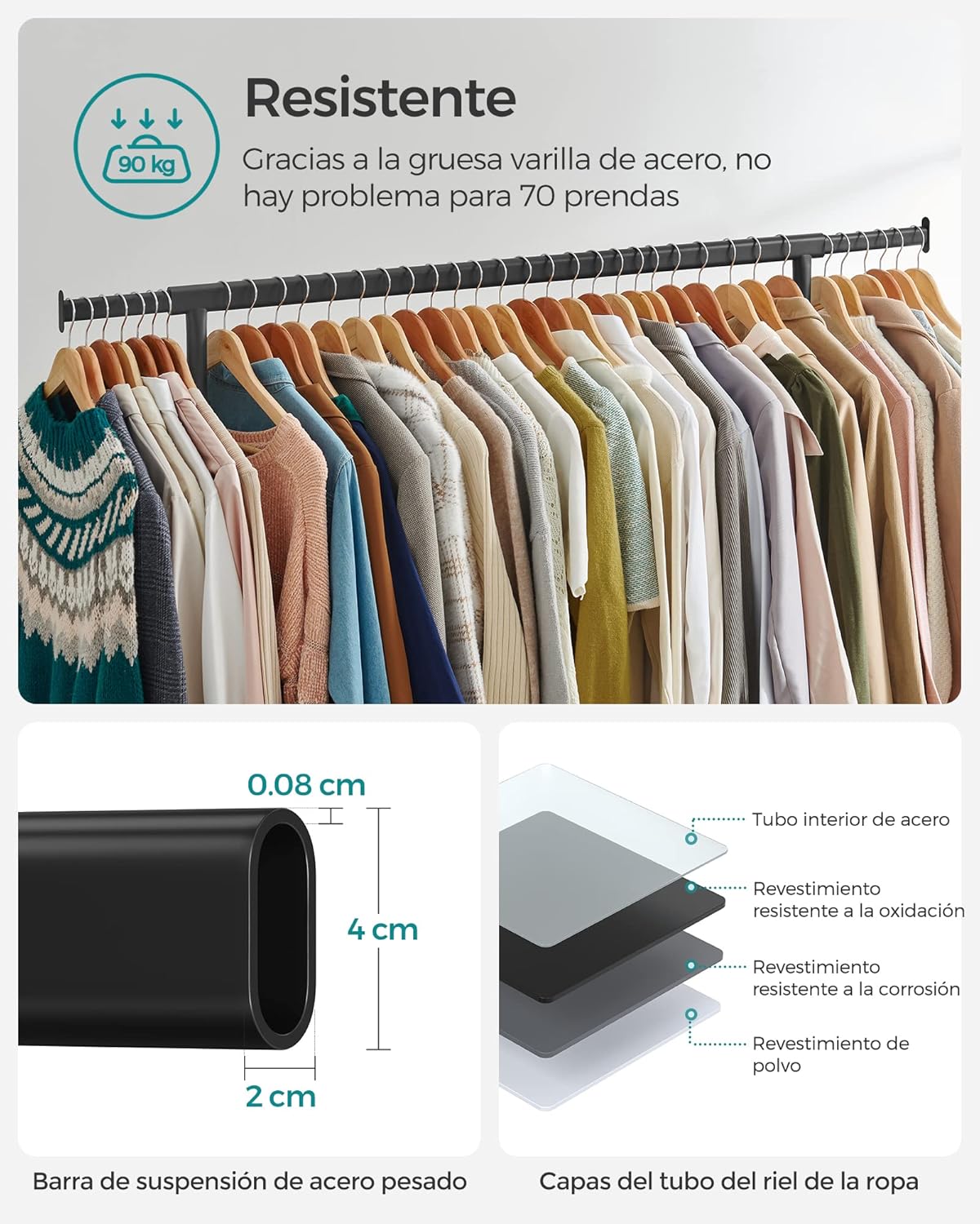 Burros para Ropa, con Ruedas, Carga de 130 kg, Burros para Ropa Resistentes, 110-150x45x162,9 cm, Negro, Songmics, 4