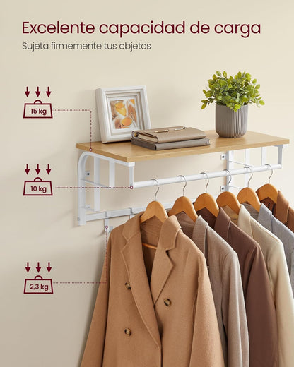 Perchero Pared, 66 x 30 x 27 cm, Perchero con Estante, con 5 Ganchos Extraíbles, Barra de Colgar, Roble y Blanco, Vasagle, 6