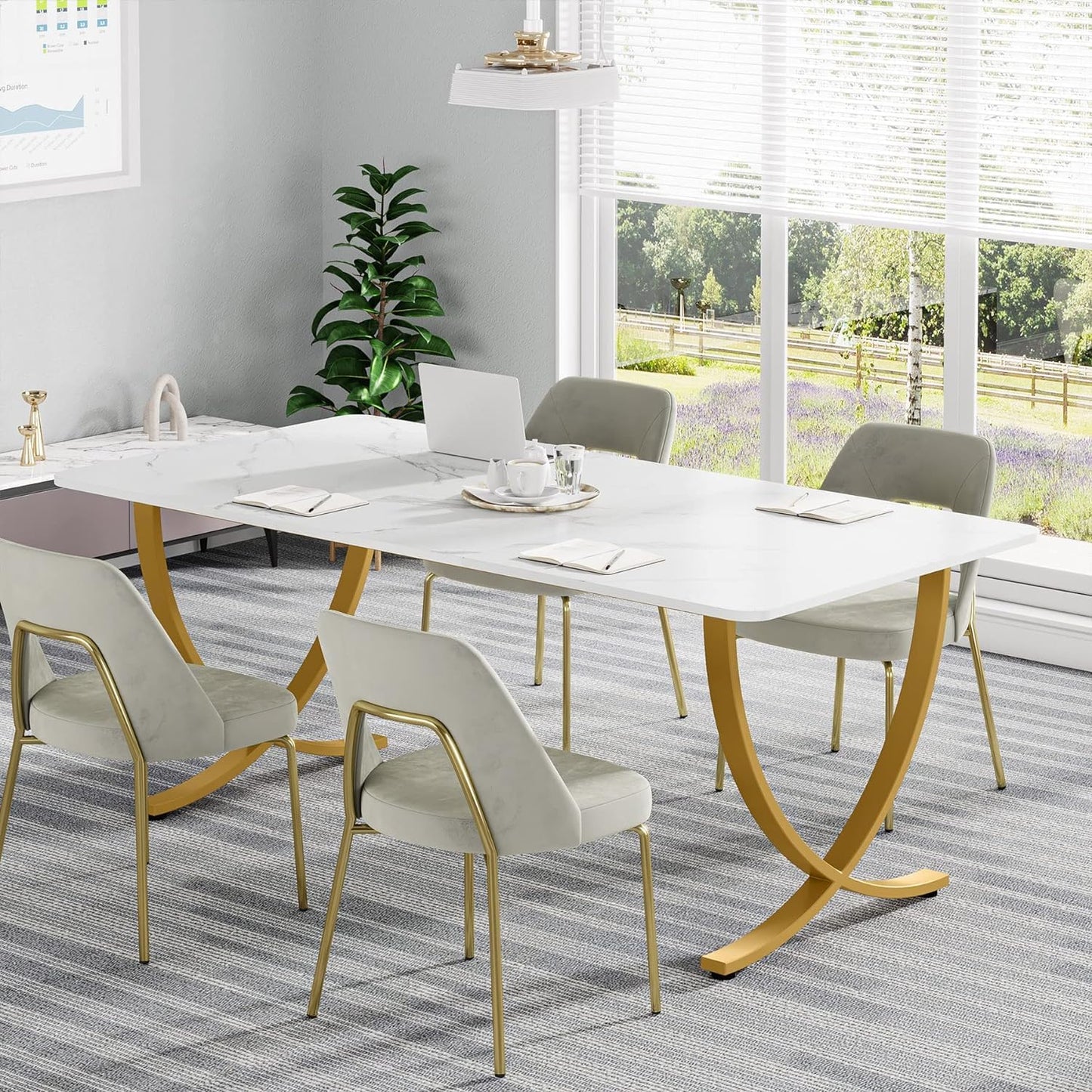 Escritorio, 160x80x75cm, Mesa Ordenador, Mesa Oficina, Blanco y dorado, Tribesigns, 5