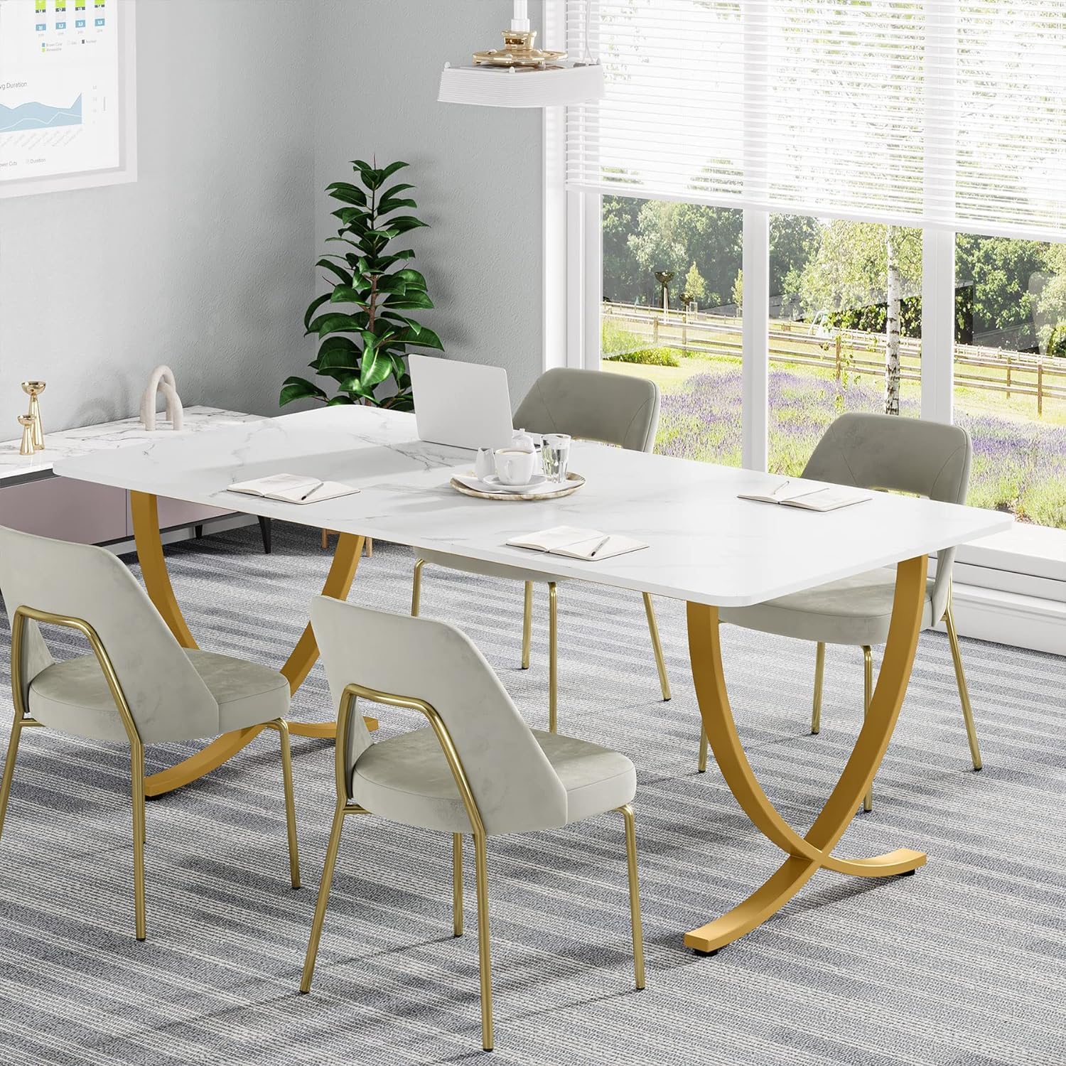 Escritorio, 160x80x75cm, Mesa Ordenador, Mesa Oficina, Blanco y dorado, Tribesigns, 5