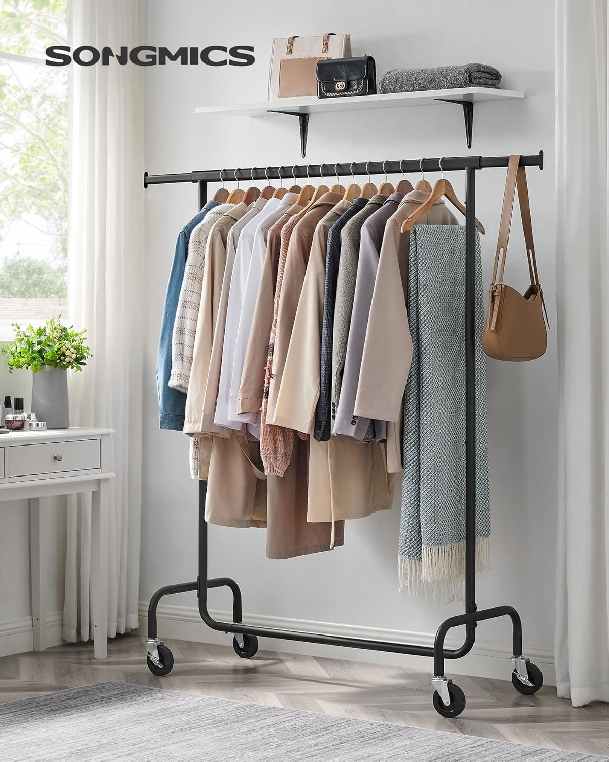 Burros para Ropa, con Ruedas, Carga de 130 kg, Burros para Ropa Resistentes, 110-150x45x162,9 cm, Negro, Songmics, 2